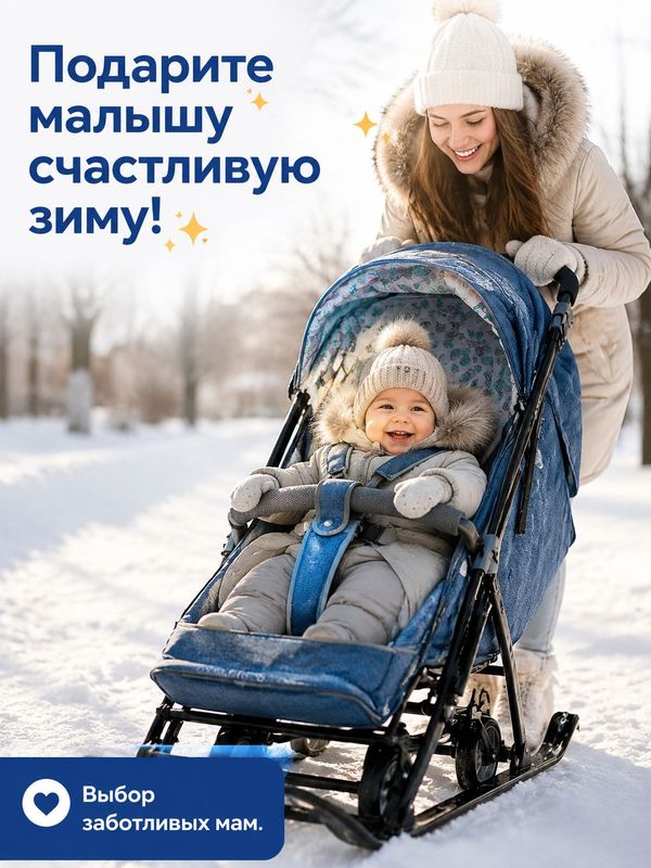 Санки-коляска Наши детки 6 (синий с листочками), зимняя санки-коляска для детей, с глубоким капюшоном и защитой от ветра