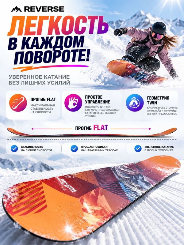 Сноуборд Reverse Rental, универсальный, геометрия Twin, прогиб Flat, уровень Intermediate, 150 см, оранжевый