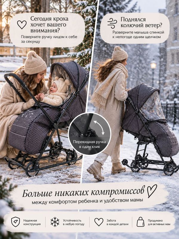 Санки-коляска Ника Наши детки 3-1К/МГ с колесной базой, Мокко графический