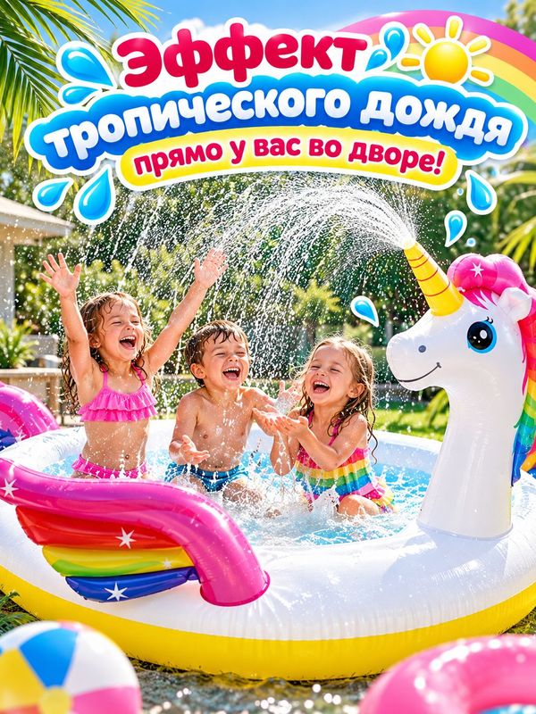 Надувной семейный бассейн Intex Волшебный Единорог, 272х193х104 см, с функцией распыления воды (спрей-эффект)