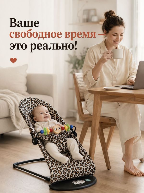 Шезлонг для новорожденных JOYOY, леопард / Кресло-качалка + дуга с игрушками