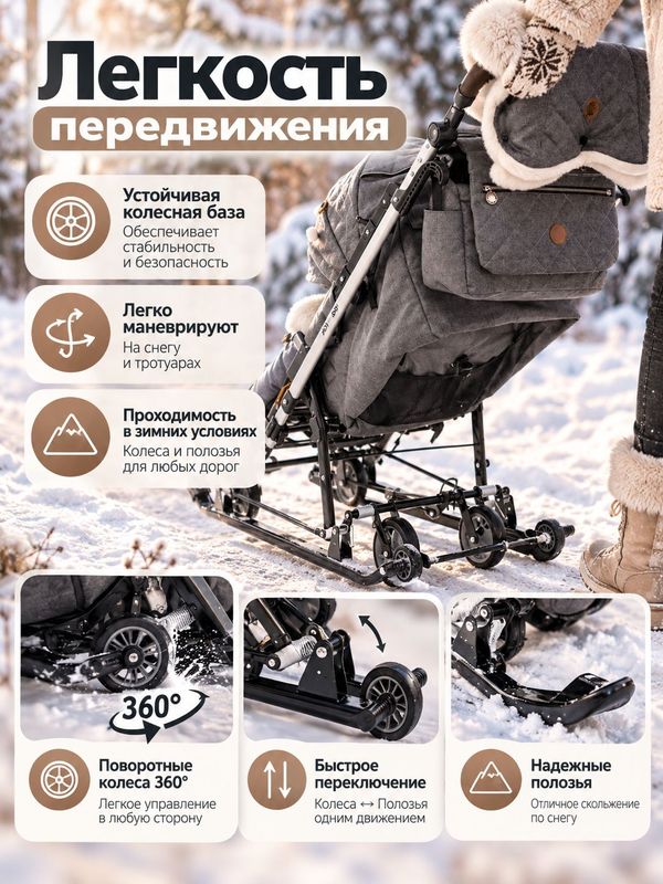 Санки-коляска Ника Joy every day с колесной базой, Серый с кроликами (J1/1)