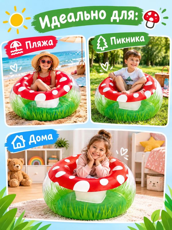 Надувное кресло Bestway Mighty Mushroom, 112х11му, мягкое кресло-гриб для отдыха на природе и дома