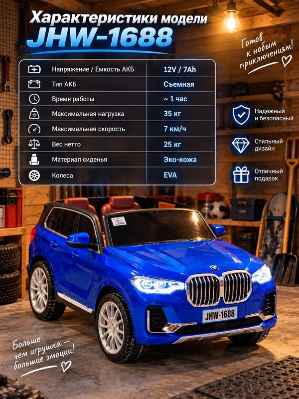 Электромобиль детский BMW JHW-1688 синий, с пультом управления, на аккумуляторе, 12V
