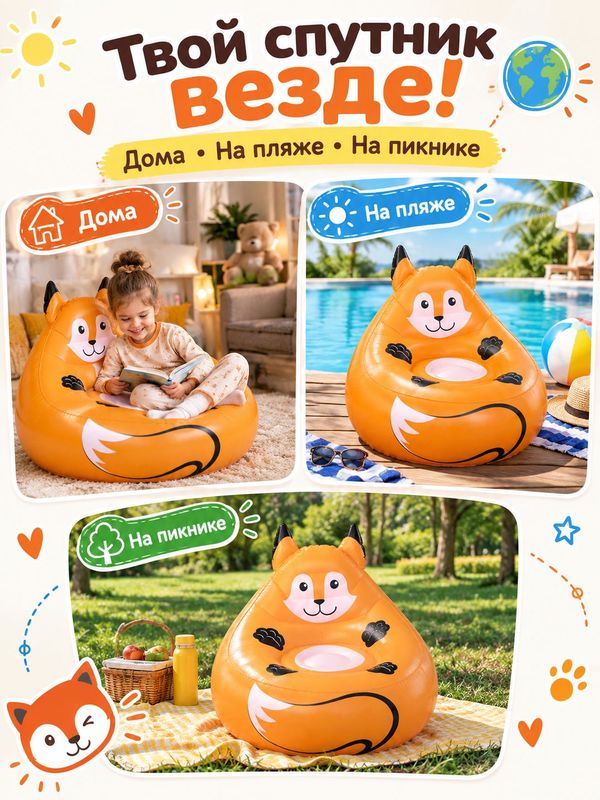 Детское надувное кресло Bestway Cozy Critters Лисичка, 72х72х64 см, мягкое, для дома и отдыха