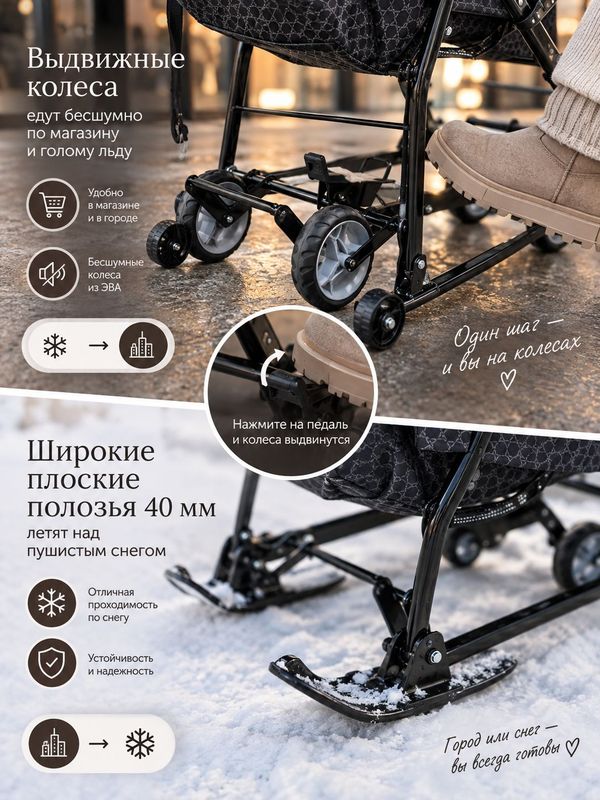 Санки-коляска Ника Наши детки 3-1К/МГ с колесной базой, Мокко графический