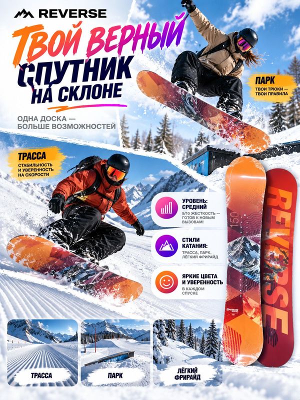Сноуборд Reverse Rental, универсальный, геометрия Twin, прогиб Flat, уровень Intermediate, 150 см, оранжевый