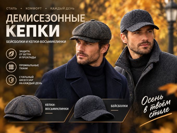 Мужские кепки-восьмиклинки и бейсболки