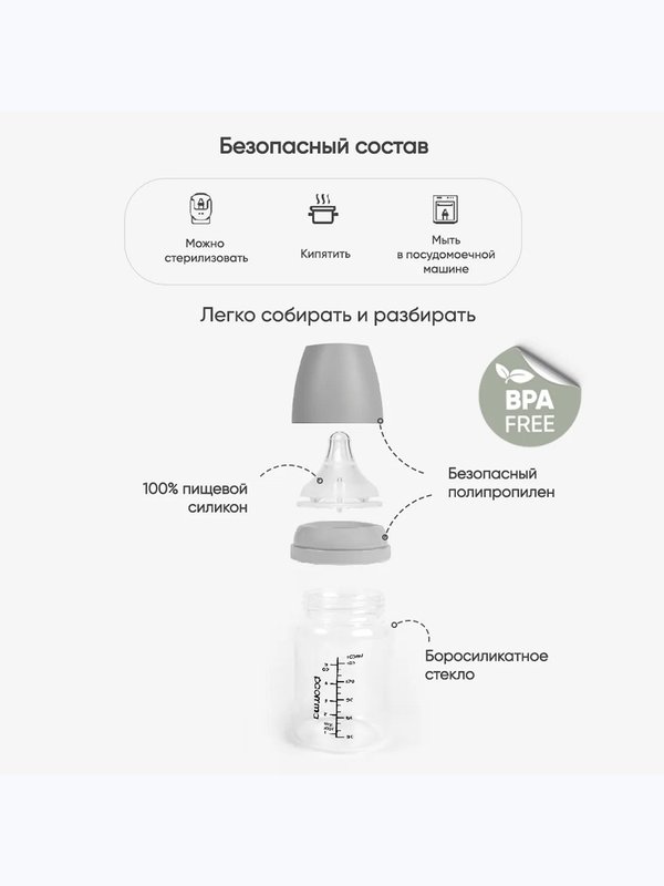 Бутылочка стеклянная light grey 160 мл Paomma (0+)
