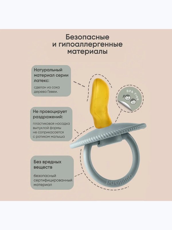 Пустышка PPL215N ортодонтическая с соской из натурального латекса 3-18 мес Light grey Paomma