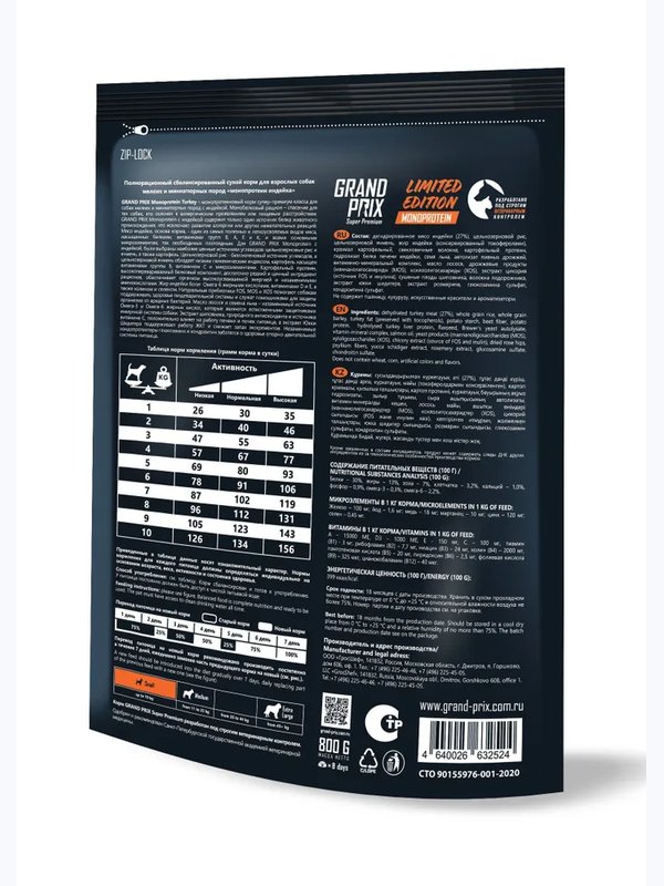 ПРЕДЗАКАЗ Корм для мини собак MONOPROTEIN (монопротеин) индейка, 800г, GRAND PRIX
