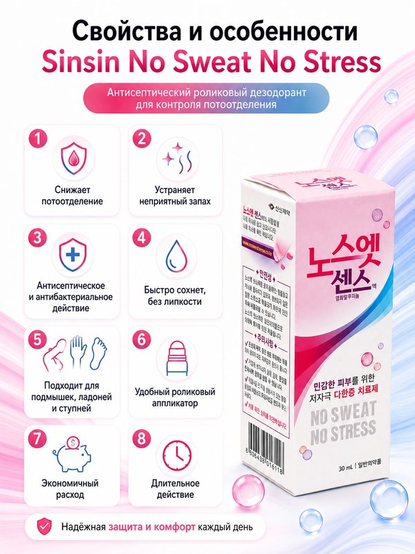Корейский дезодорант No Sweat No Stress, против избыточного потоотделения, 30 мл
