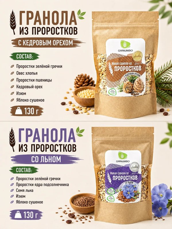 НАБОР ИЗ 8 ВКУСОВ Живой гранолы из проростков, 1030 гр