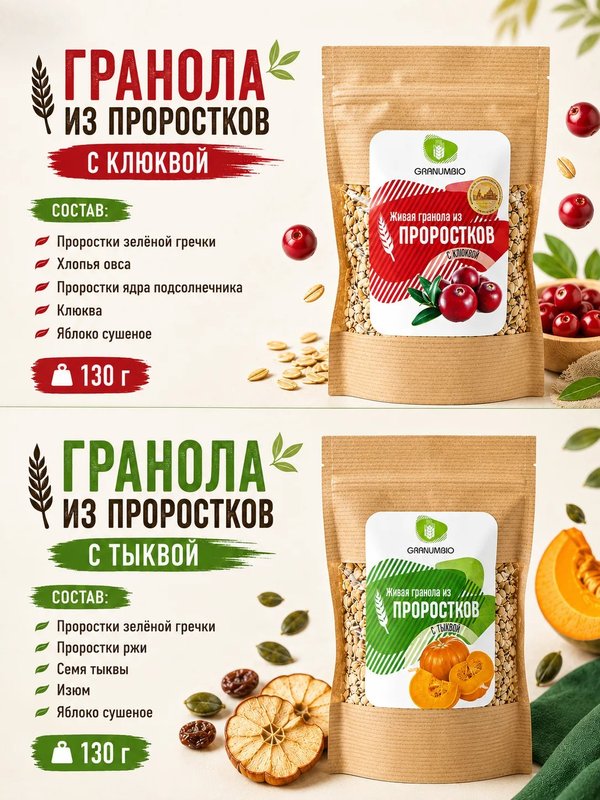НАБОР ИЗ 8 ВКУСОВ Живой гранолы из проростков, 1030 гр