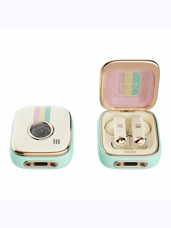 Беспроводные наушники TWS Rock Retro Style Camera бирюзовые