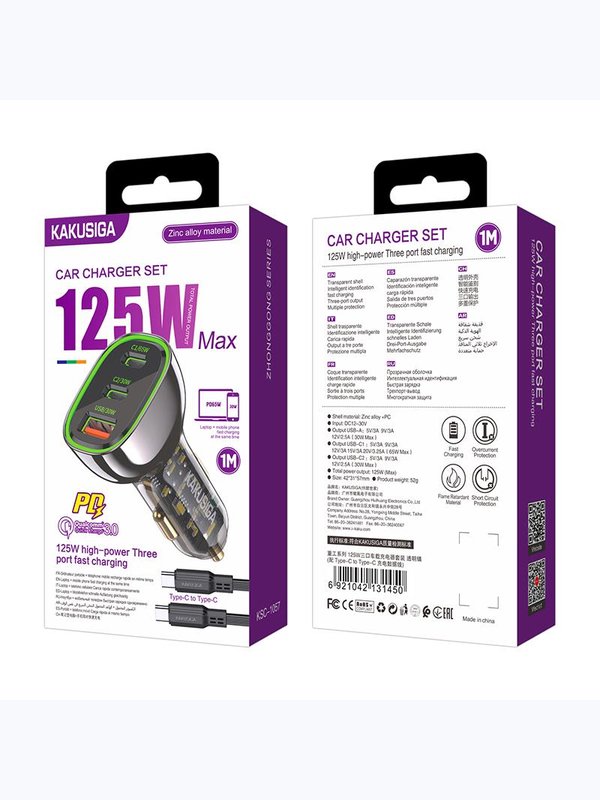 Автомобильная зарядка Kakusiga KSC-1057 PD125W+QC3.0 3А с Type-C черная