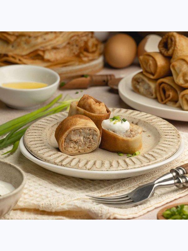 Блины фаршированные (мясо + рис)