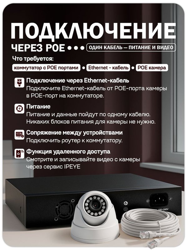 IP Комплект видеонаблюдения для ПВЗ с 1 камерой 5Мп с ИК-подсветка и питанием POE / удаленный доступ через IPEYE / PS-Link KIT-A501POE-YE-LT
