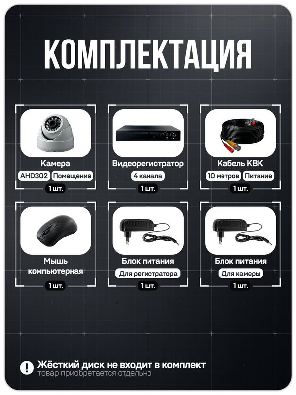 Готовый комплект видеонаблюдения 1 камера внутренняя 2Мп PS-Link с удаленным доступом, ночной съемкой, детекцией движения / KIT-A201HD