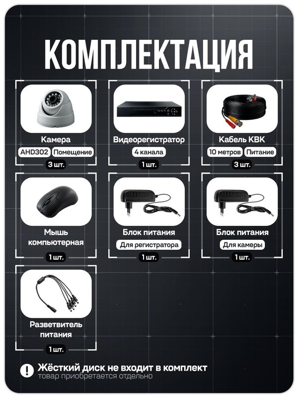 Готовый комплект видеонаблюдения 3 камеры внутренние 2Мп PS-Link с удаленным доступом, ночной съемкой, детекцией движения / KIT-A203HD