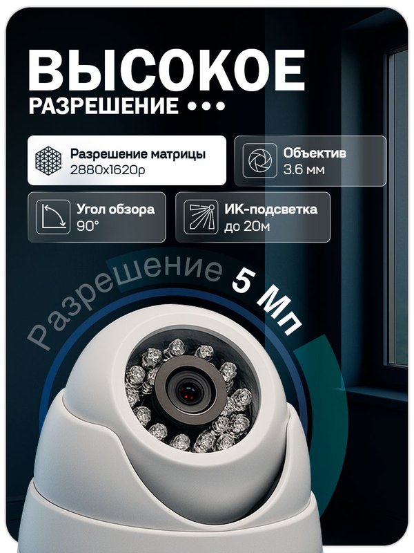 Комплект IP видеонаблюдения для ПВЗ c 1 купольной камерой 5Мп Ps-Link KIT-A501IP-YE / Питание POE / Запись звука / Приложение IPEYE