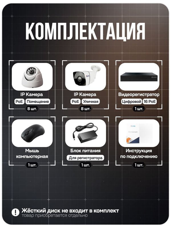Комплект видеонаблюдения IP 2Мп Ps-Link KIT-B216IP-POE 8 камер для помещения 8 камер для улицы / удаленный доступ / POE питание / без записи звука
