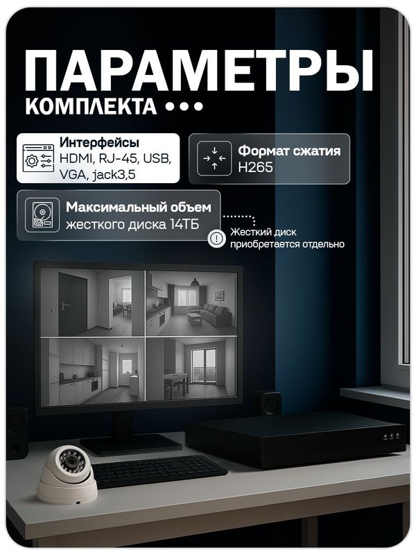 Комплект IP видеонаблюдения для ПВЗ c 1 купольной камерой 5Мп Ps-Link KIT-A501IP-YE / Питание POE / Запись звука / Приложение IPEYE