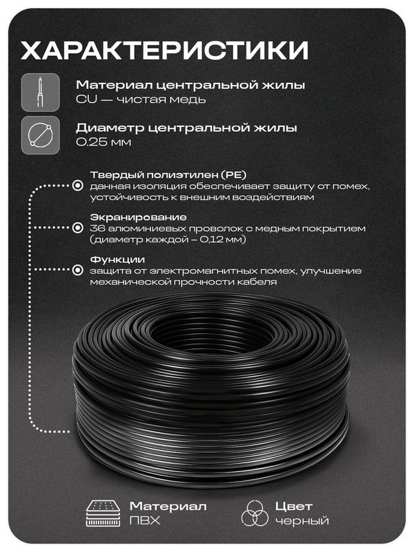 Кабель для видеонаблюдения, 10 метров CCA КВК-П-2x0,35 мм2 / комбинированный с питанием для видеокамер / PS-Link