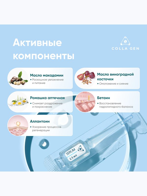 Биоктивная сыворотка на основе ЖИВОГО КОЛЛАГЕНА - 8 ампул по 2,5 мл
