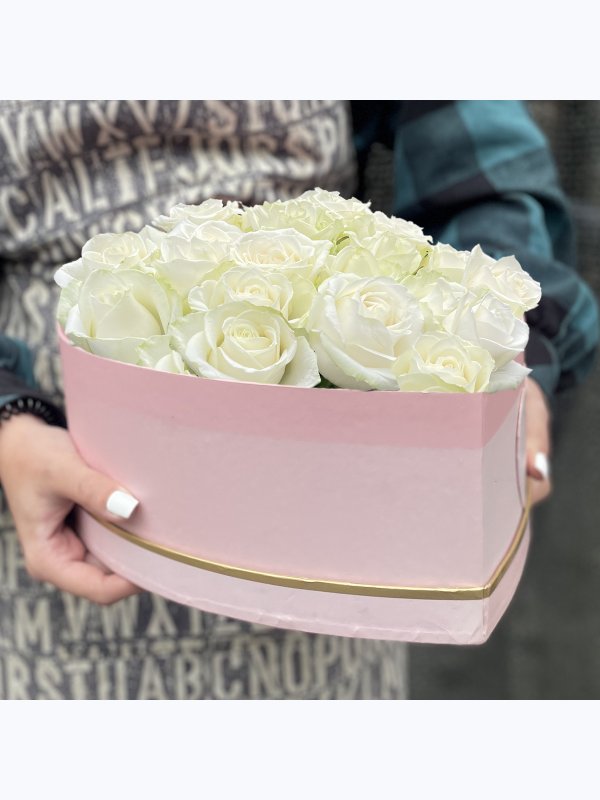 35 white roses in a pink box