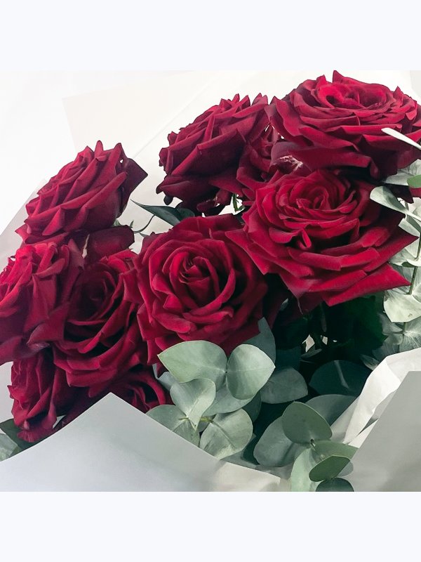 9 roses with eucalyptus
