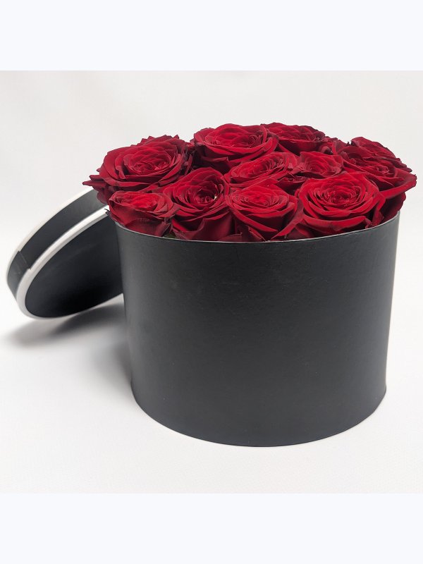 21 red roses in a black box