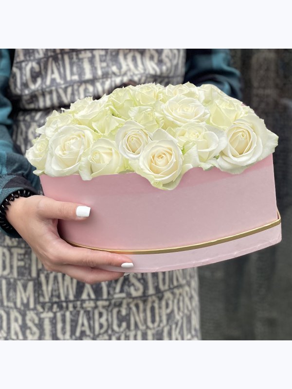 35 white roses in a pink box