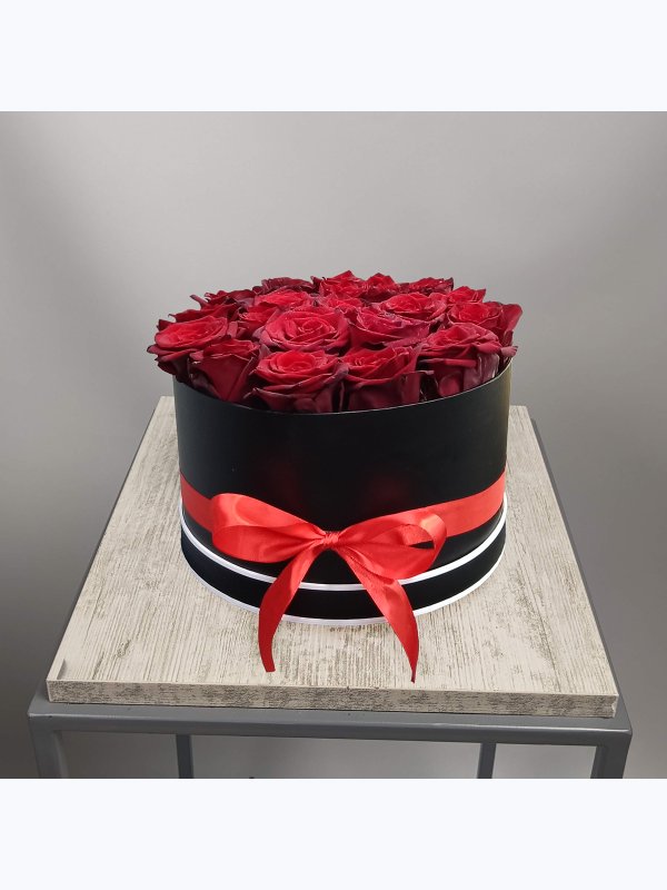 21 red roses in a black box