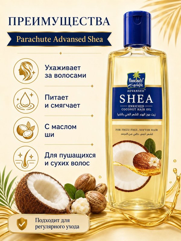 Кокосовое масло для волос Parachute Advansed Shea с маслом ши, для сухих и пушащихся волос, 200 мл