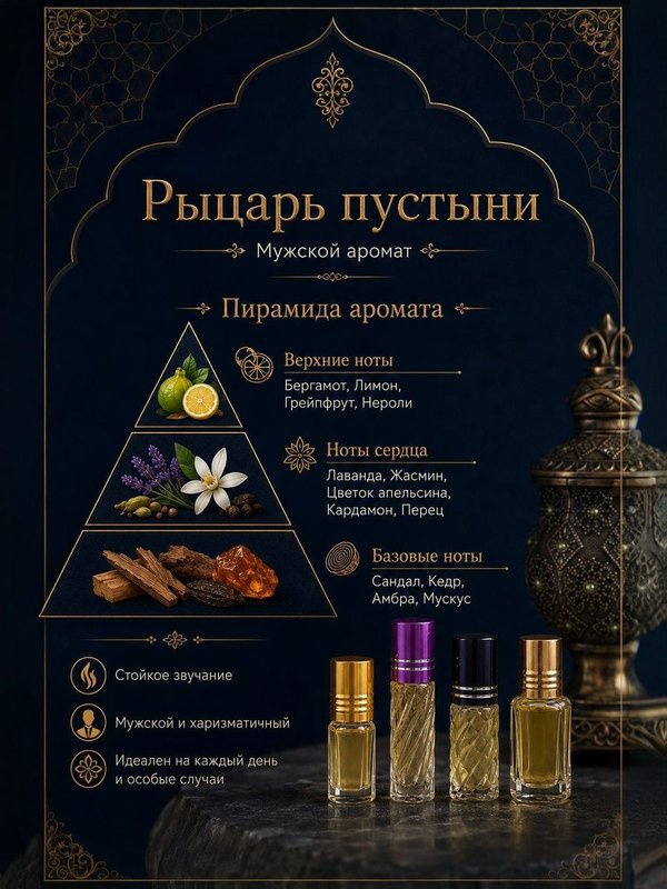 Масляные духи мужские Рыцарь пустыни , стойкие, шариковые, цветочно-цитрусовый аромат, 4 мл