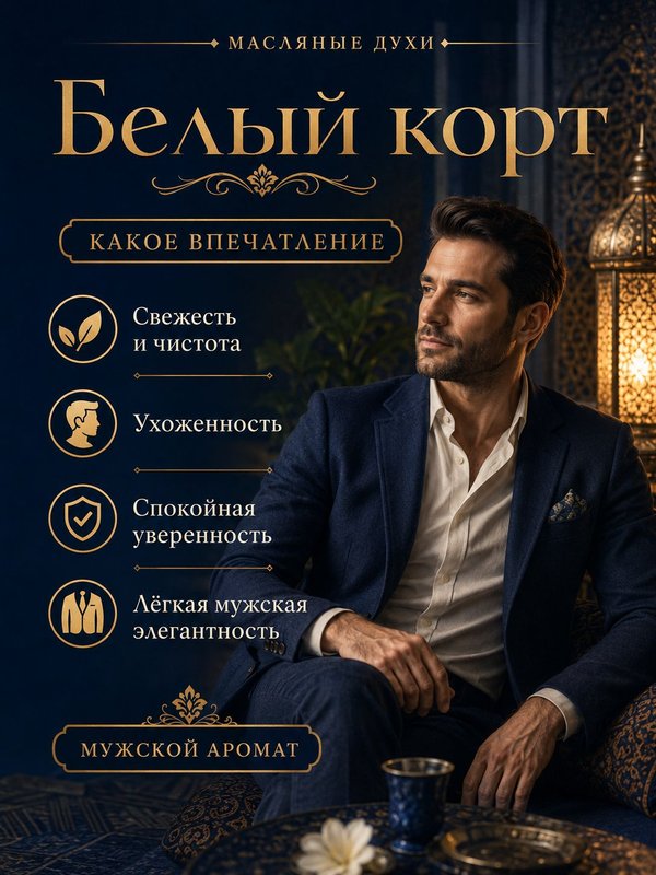 Масляные духи мужские Белый корт , стойкие, шариковые, свежий шипровый аромат, 3 мл