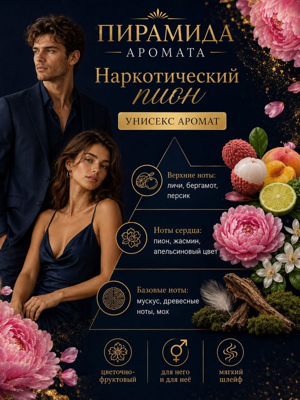 Парфюмерное масло Наркотический пион, унисекс аромат, цветочно-фруктовый, роликовый флакон, 3 мл