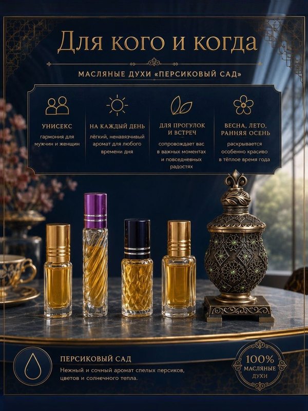Парфюмерное масло Персиковый сад, унисекс аромат, цветочно-фруктовый, роликовый флакон, 3 мл