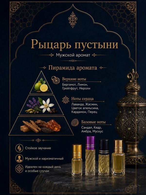 Масляные духи мужские Рыцарь пустыни , стойкие, шариковые, цветочно-цитрусовый аромат, 6 мл