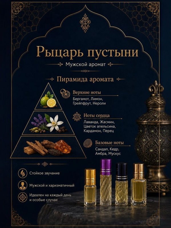 Масляные духи мужские Рыцарь пустыни , стойкие, цветочно-цитрусовый аромат, 10 мл