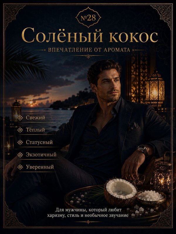 Масляные духи мужские Солёный кокос , стойкие, шариковые, фужерно-восточный аромат, 3 мл