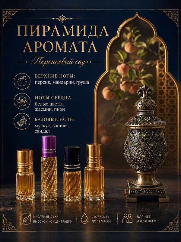 Парфюмерное масло Персиковый сад, унисекс аромат, цветочно-фруктовый, роликовый флакон, 3 мл