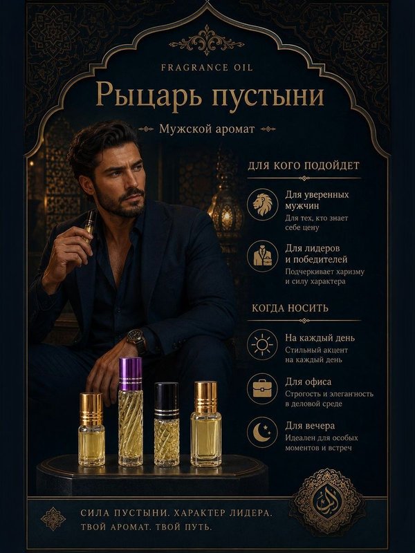 Масляные духи мужские Рыцарь пустыни , стойкие, шариковые, цветочно-цитрусовый аромат, 3 мл