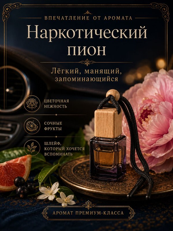 Автопарфюм Наркотический пион, парфюмерное масло для автомобиля, унисекс аромат, цветочно-фруктовый, 7 мл