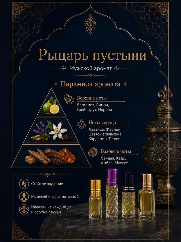 Масляные духи мужские Рыцарь пустыни , стойкие, шариковые, цветочно-цитрусовый аромат, 3 мл