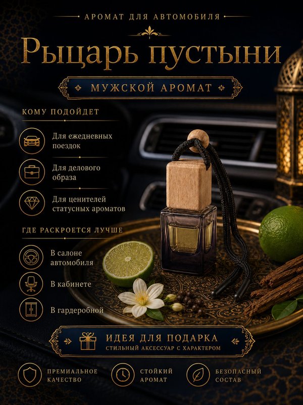 Автопарфюм Рыцарь пустыни, парфюмерное масло для автомобиля, мужской аромат, цветочно-цитрусовый, 7 мл