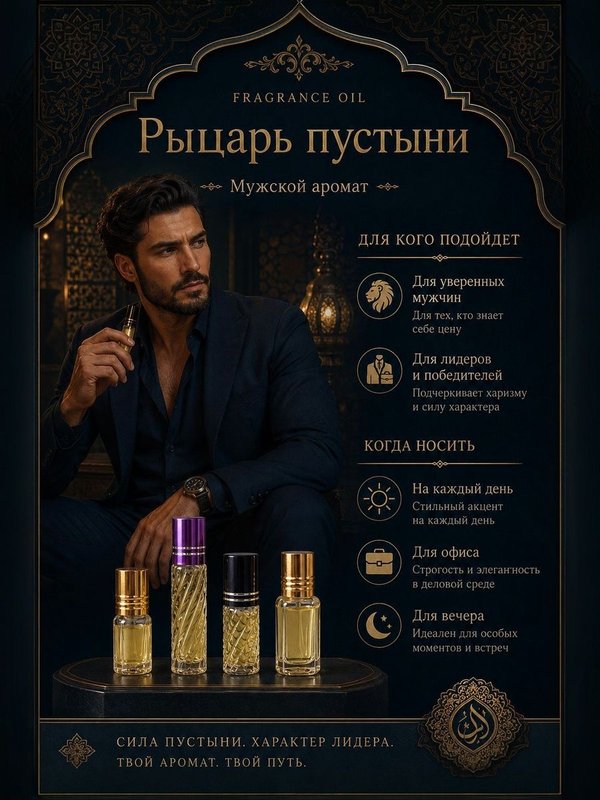 Масляные духи мужские Рыцарь пустыни , стойкие, цветочно-цитрусовый аромат, 10 мл