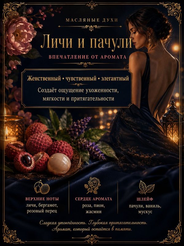 Масляные духи Личи и пачули, 3 мл