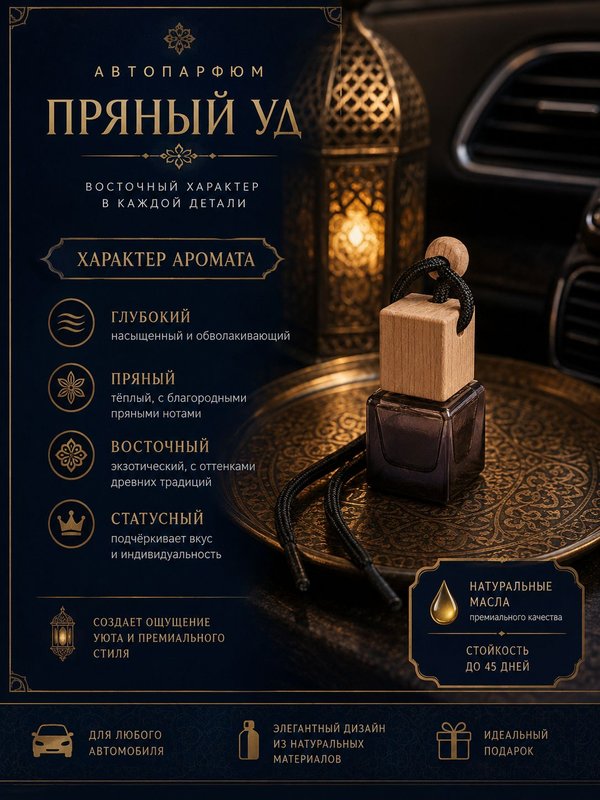 Автопарфюм Пряный уд, парфюмерное масло для автомобиля, унисекс аромат, древесно-восточный, 7 мл